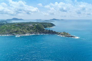 Aerial view drone shot of laem promthep cape,beautiful scenery andaman sea in summer season,phuket thailand.