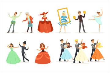 Classic Theater And Artistic Theatrical Performances Series Of Illustrations With Opera, Ballet And Drama Performers On Stage