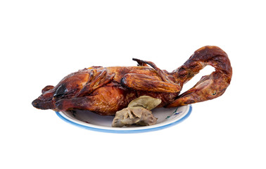 roasted duck full body for worship in chinese new year celebration. roasted duck on white background.
