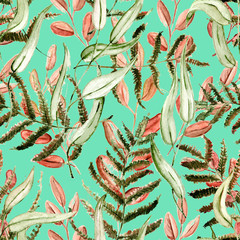 Seamless Realistic Watercolor Greenery Pattern. Hand Drawn Leaves and Branches Print. Summer, Spring Forest Herbs, Plants Texture. Foliage in Vintage Style. Nature Eco Friendly Concept. Textile.