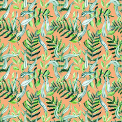 Seamless Realistic Watercolor Greenery Pattern. Hand Drawn Leaves and Branches Print. Summer, Spring Forest Herbs, Plants Texture. Foliage in Vintage Style. Nature Eco Friendly Concept. Textile.