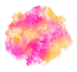 Bright watercolor stains background. Pink, yellow and orange watercolour texture with uneven artistic edge. Round, oval shape. Hand drawn abstract aquarelle fill. Template for cards, banners.
