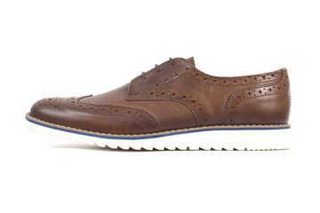 Close up of mans classic brown leather shoes isolated on white background