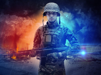 Armed soldier with sniper in the middle of a dust storm
