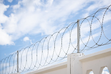 Concrete wall, against the background of barbed wire, prison concept, rescue, refugee. Copy space