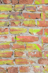 Closeup of vintage red brick wall texture grunge background with strokes of green paint. can be used for interior design. Abstract web banner
