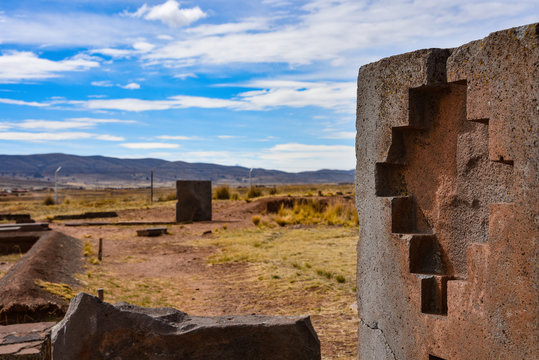 Intricately carved stone depicting the Chaskana, or Andean Cross, at the Tiwanaku archaeological site, near La Paz, Bolivia