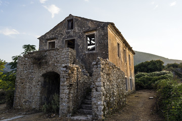 Old abandoned stone-built house in Old Perithia at Pantokrator Mountain, Corfu Island, Greece