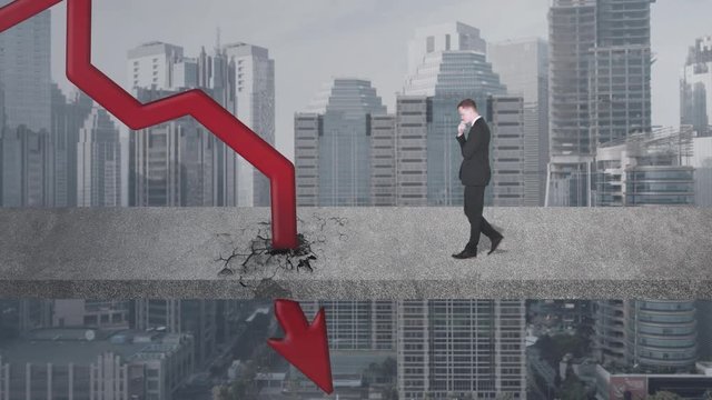 Worried Caucasian businessman walking back and forth while thinking on the cracked bridge with falling graph