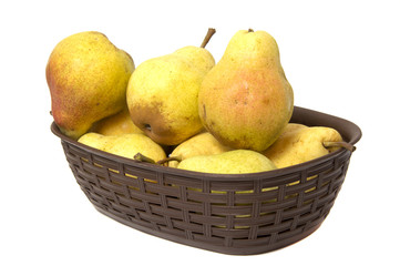 Pears. Pears harvest. Fruit background. Fresh organic pears on old sacking. Pear autumn harvest. Juicy flavorful pears of rustic background. Free space for text. Autumn nature concept.