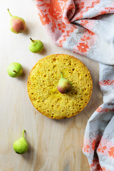 Pear cake on a wooden table
