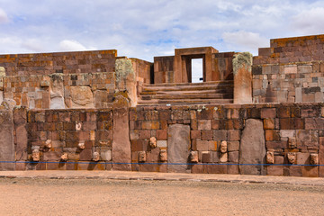 Semi-subterranean temple with the Ponce monolith visible in the Kalisasaya gateway. Tiwanaku archaeological site, La Paz, Bolivia
