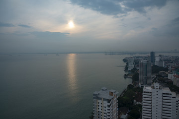 Aerial panorama of Georges town, the biggest city of the Penang island in Malaysia view from Penang hills