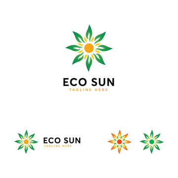 Eco Sun logo designs concept vector, Leaf and Sun logo