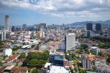 Naklejka premium Aerial panorama of Georges town, the biggest city of the Penang island in Malaysia view from Penang hills