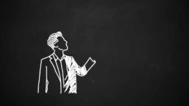 hand drawing line art showingcamera symbol with white chalk on blackboard
