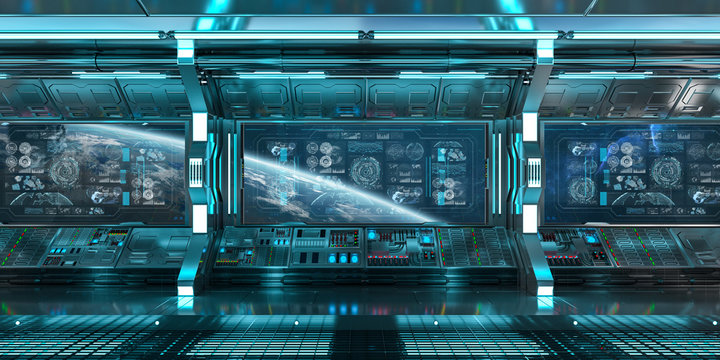 Blue spaceship interior with control panel screens 3D rendering