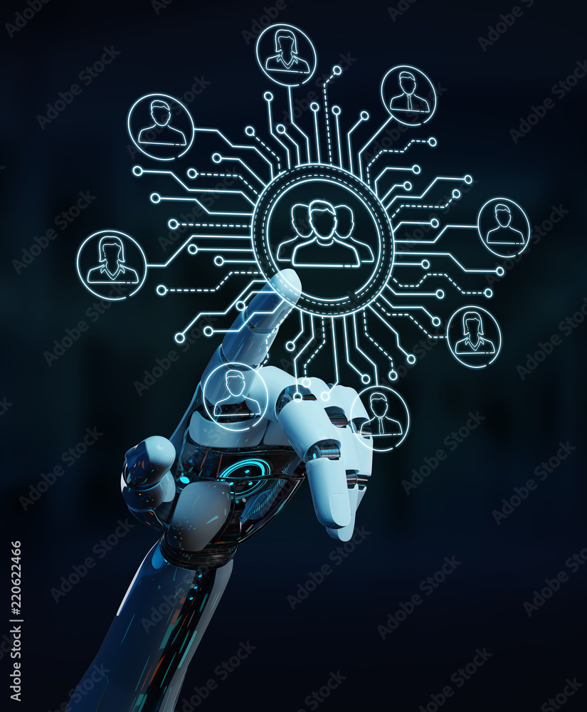 Poster white robot controlling social network icons interface