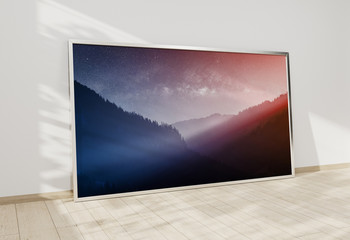 Large horizontal frame leaning on a white wall 3D rendering