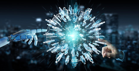 White robot hand using digital globe to connect people 3D rendering