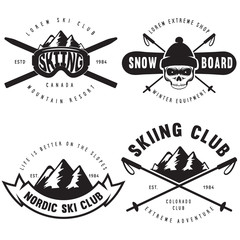 Set of vintage snowboarding, ski or winter sports logos, badges, emblems and design elements. Vector illustration. Monochrome Graphic Art.