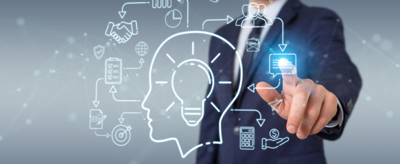 Businessman using thin line icon project plan presentation