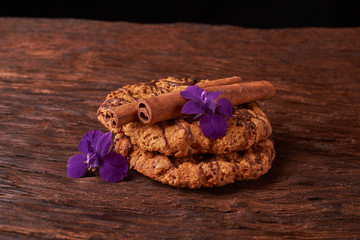 cookies and spring blue flowers. Healthy morning breakfast concept. Minimalist. selective focus