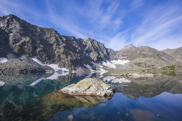 Reflection in the lake Alla-Askir. Altai mountains landscape