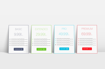 Flat tariffs hosting for web ribbon design. Vector pricing table template. Pricing table ui design. Price table template. Price list. Business tariff banner plan template.