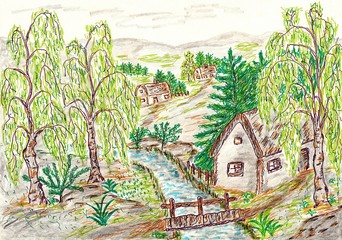 Hand drawn multicolor illustration with nature theme (cottages in nature) - scan