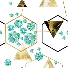 Aquarell Echeveria Sukkulenten und goldene und schwarze Sechsecke und Dreiecke geometrisches minimalistisches modernes nahtloses Muster auf weißem Hintergrund