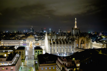 Milano, Italy - 08 31 2018: Duomo di Milano - galleria Vittorio Emanuele, aerial view - night