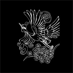 Black and white illustration of a flying stork. Stork, flowers and patterns. Chalk on a blackboard