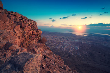 A beautiful sunrise over the Dead Sea that can be seen from the fortress of Masada