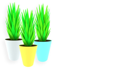 Plant in pot. Simple abstract plant. 3d illustration. Isolated on white. Interior detail. Houseplant. Green leaves. Grass. Bush. Indoor flower. 3d render.