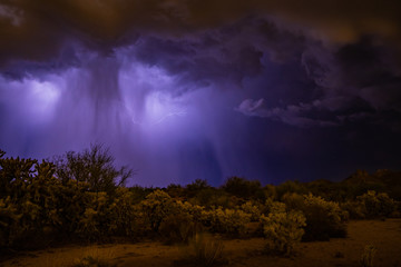 Monsoon storms in the Sonoran desert near Phoenix, Arizona causes lightening, misty, swirling clouds and a stormy look and feel to the desert