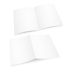 Blank white opened magazine. Paper album or book mockup on white background. Vector mockup. Brochure or booklet template opened.
