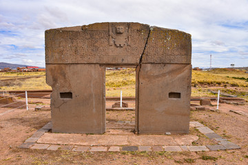 Fototapeta na wymiar The Puerta de Sol (Gateway of the Sun) of the Kalasasaya, at the Tiwanaku archeological site, near La Paz, Bolivia.