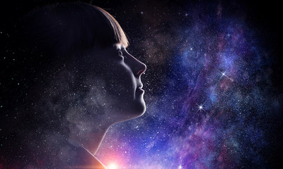 Girl on starry sky. Mixed media