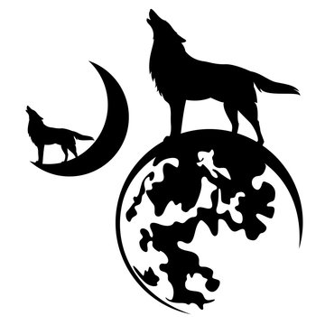 recommend clip art: howling wolf standing on full and crescent moon - black vector silhouette design set