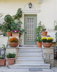 Fototapeta na wymiar Elegant house entrance with lots of flower pots, Athens Greece