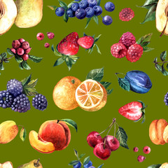 Beautiful hand drawn watercolor seamless pattern berries and fruits