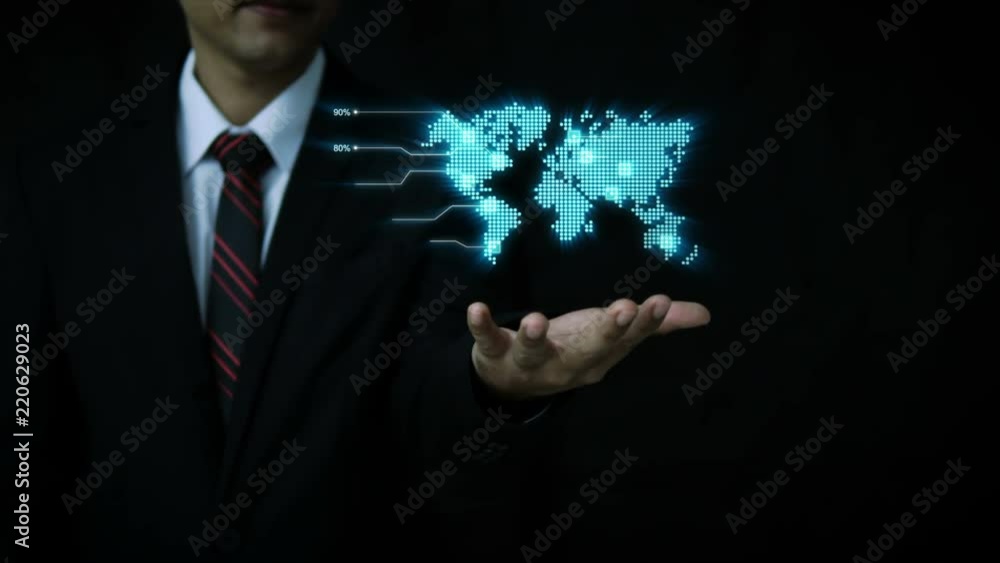 Poster asian businessman using hologram virtual technology with visual effect world map analytic indicator 