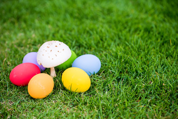Fototapeta na wymiar Colorful easter eggs under the white mushroom on the green garden yard. symbol of easter's day festival. festive wallpaper. image for background, wallpaper,article,illustration and copy space.