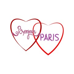 T shirt typography graphic with quote bonjour Paris. Fashion print for sports wear. Template for t shirt, apparel, card, poster, etc. Design element. Heart couple symbol of love. Vector illustration. © ya_nataliia