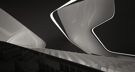 Obraz premium Conceptual abstract design of the interior of the concert hall and grand piano in a modern style. 3D illustration and rendering.