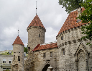 Detail of the Viru Gate and the medieval towers of the Old Town of Tallinn, Estonia