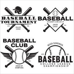 Baseball labels badges logos set. National american sport. Vector vintage illustration. Emblems with balls and crossed bats. Sports club emblems.