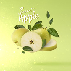 fresh apple Flying in air over background