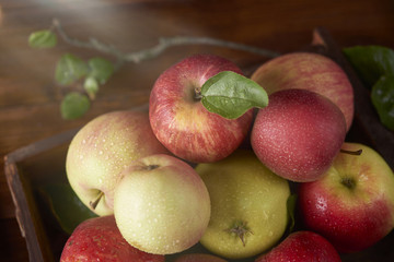 Fresh ripe apple over wooden background
